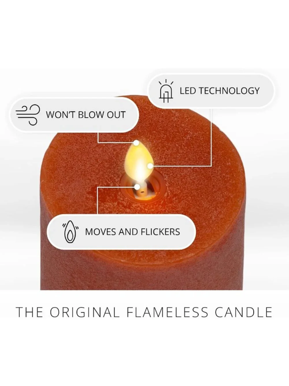 Flameless LED Flickering Pillar Candle - Burnt Orange, Real Wax, Indoor/Outdoor